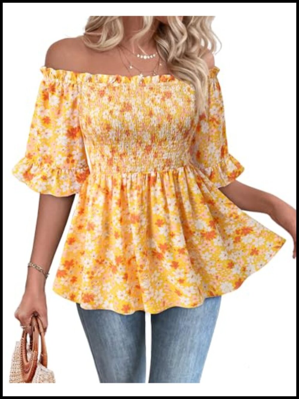 Off Shoulder Smocked Peplum Blouse Women's Chiffon Ruffle Sleeve Boho Summer Top